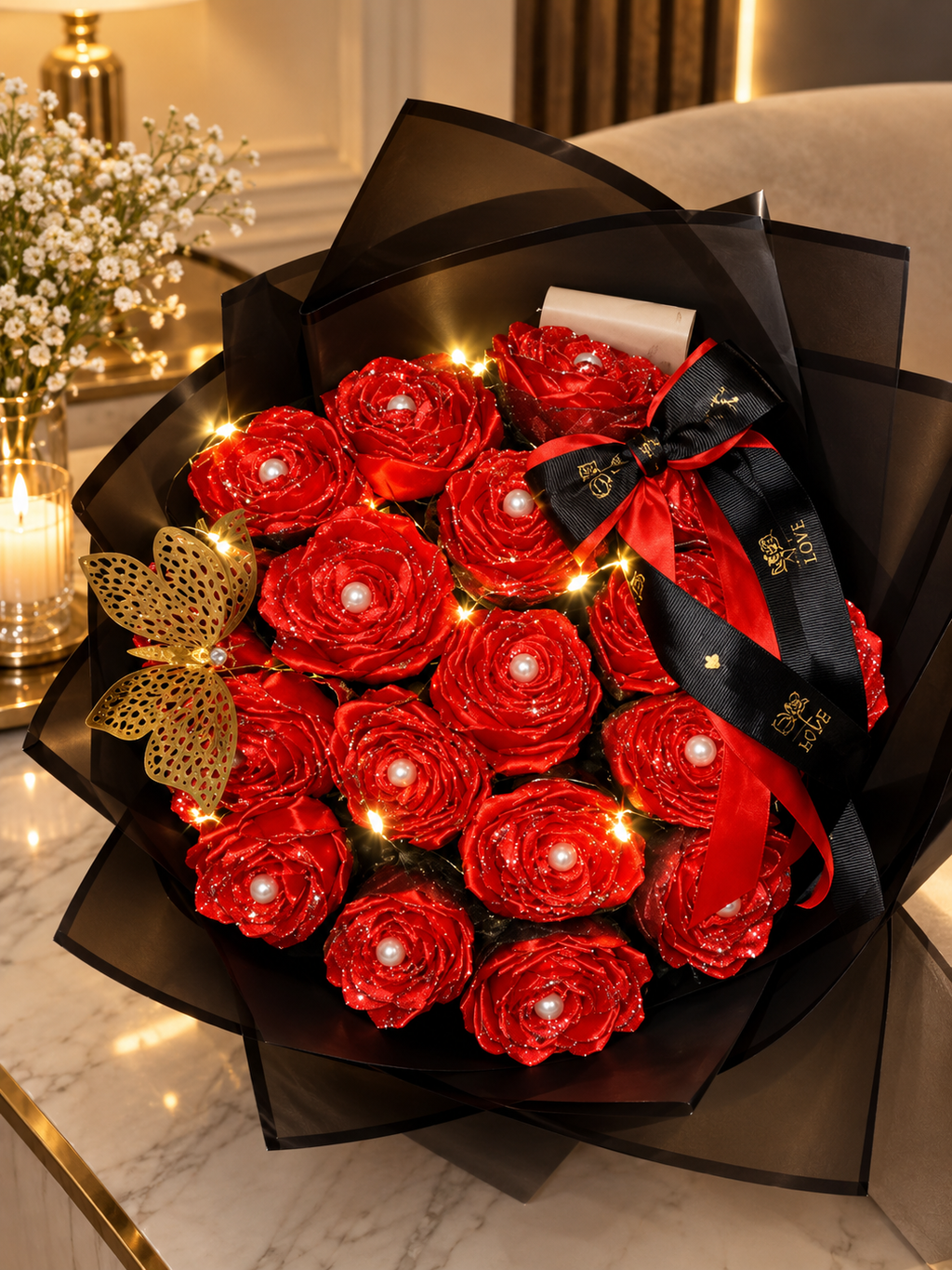 RED CLASSIC BOUQUET WITH FAIRY LIGHTS